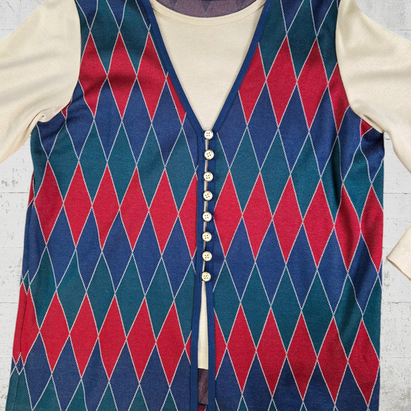 80s Vintage Tan Red Argyle Front Button Crewneck Faux Vest Sweater Size Medium - Picture 2 of 6